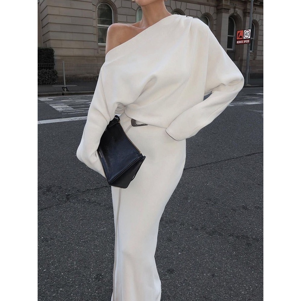COMMENSE Asymmetrical Off Shoulder Solid Long Sleeve Maxi Dress white size M - Picture 2 of 6